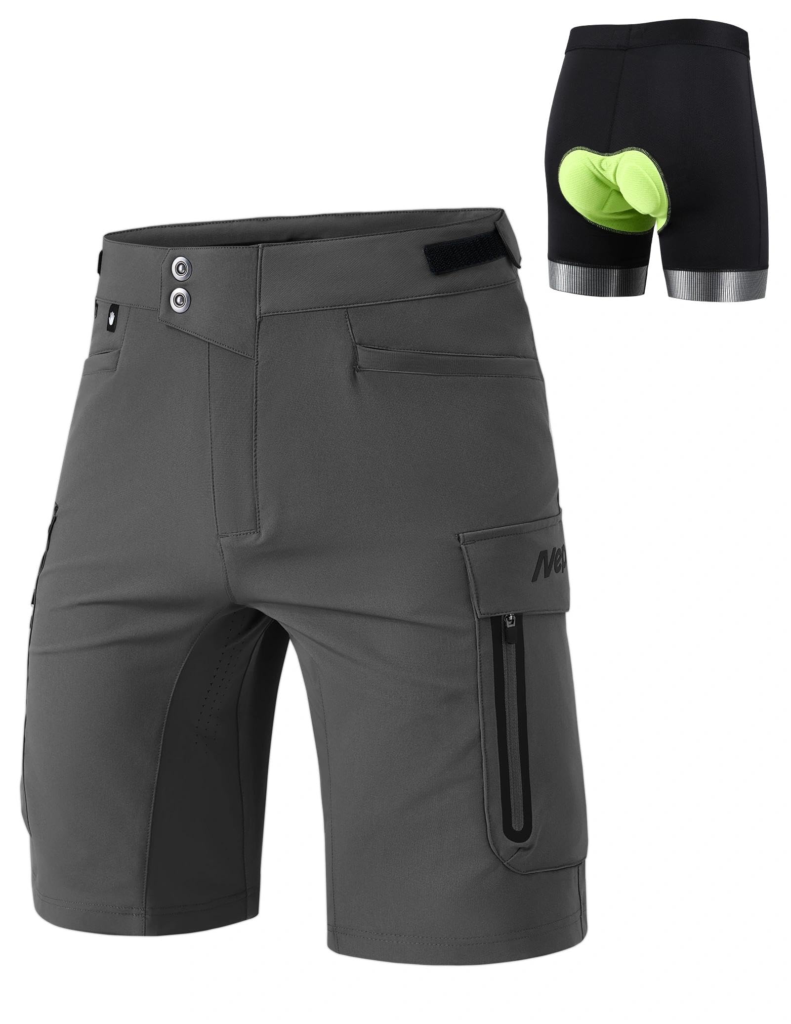Nepest MTB Hose Herren Kurz 4D Gepolstert, 2-in-1 Abnehmbare Radhose | Fahrradhose Herren Gepolstert, Leicht, Wasserabweisend, 6 Taschen, Atmungsaktiv, Mountainbike Shorts, Radfahren, Trail