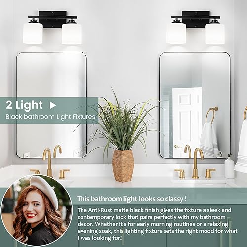 Miniatura 2 de Lámparas de tocador de baño negras de 2 luces, lámparas de tocador antioxidantes para baño, apliques de pared modernos para dormitorio, base E26,