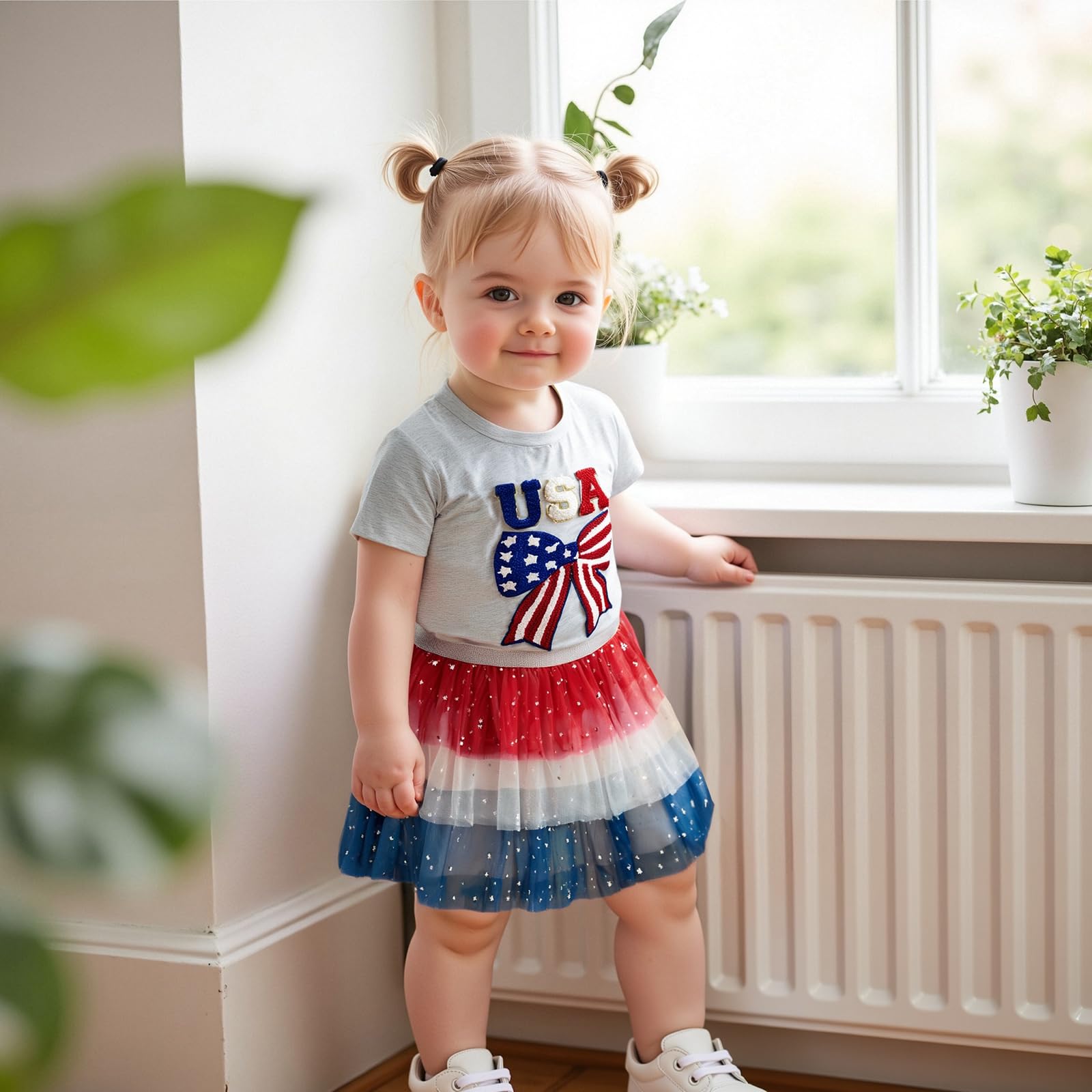 4th of July Baby Girl Outfits Embroidery Bow Short Sleeve T-shirt Tops Tulle Skirt 2Pcs Toddler Girls Summer Clothes (USA Bow-Gray, 18-24 Months)