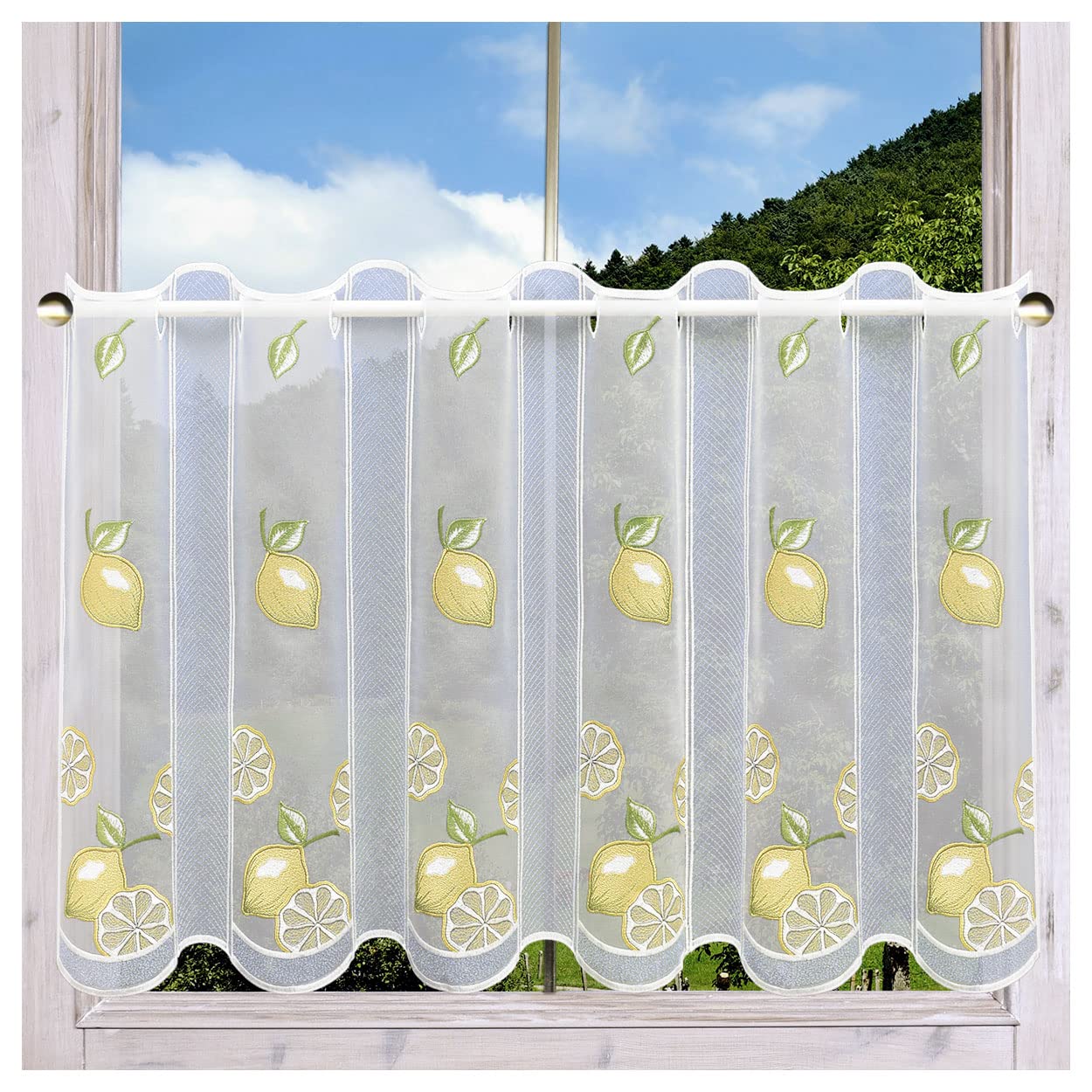 Scheibengardine Zitronen bestickt | Echte Vogtländische Spitze Landhaus Küchengardine & Bistrogardine | Kurzgardine sommerliche-fruchtige Fensterdeko Kurzstore Allzeit-Deko H x B 55 x 107 cm