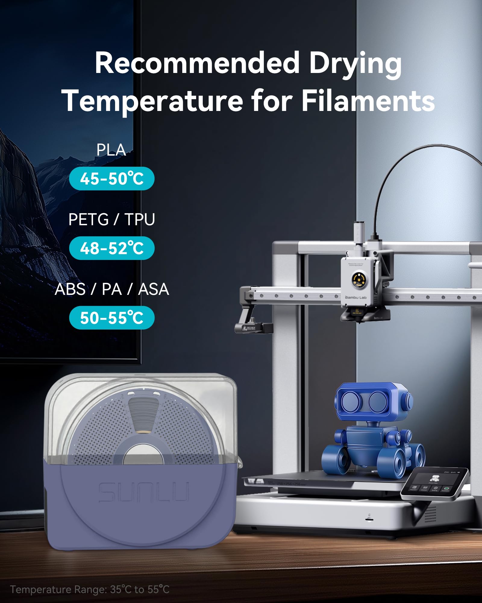 SUNLU Asciugatore per Filamenti Ufficiale con Ventilatore a Circolazione, Scatola di Stoccaggio ed Essiccazione per Filamenti Stampante 3D 1.75 2.85 3.00mm, S1 Plus Grigio Blu