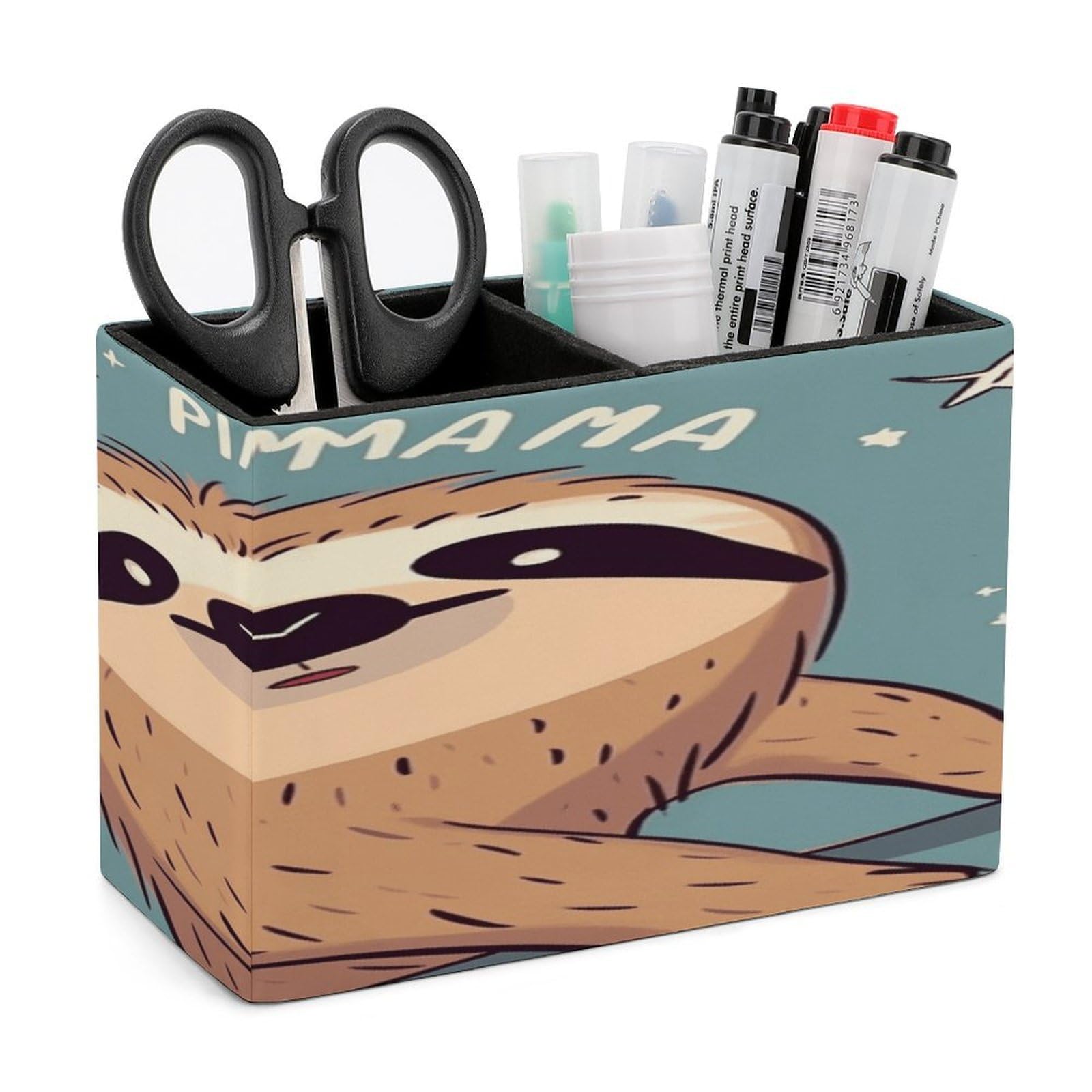 VstaDank Funny Sloth Stars Pencil Holder for Desk Organizer 2 Compartments Pen Cup Leather Square Pen Holder Pencil Cup Stand Makeup Brush Holders for Desktop Organizer Storage Case