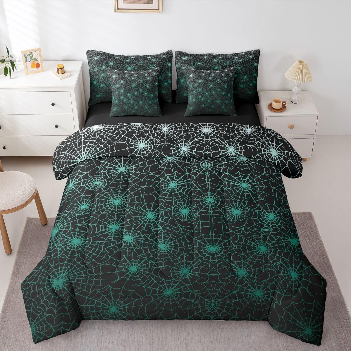 Erosebridal Spider Web 7 Pcs Comforter Set Halloween Sheet Set Exotic Geometric Lines Stripes Bed in A Bag King Size for Adult Men Women Green Ombre Quilt Set Scary Theme Room Decor, Black White