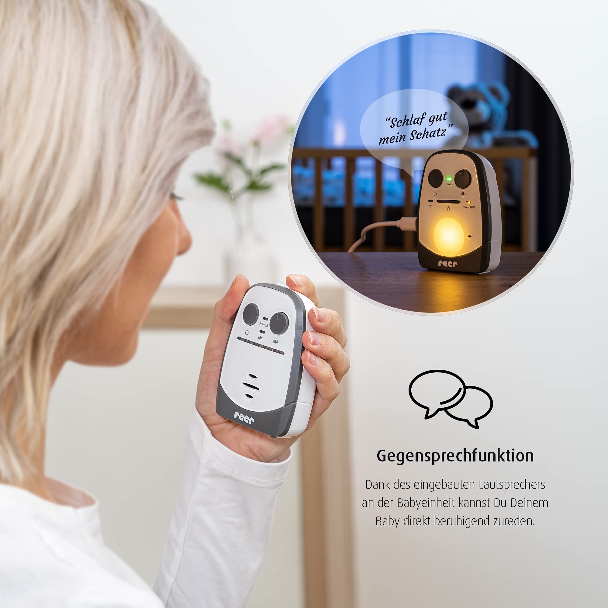 Reer 50150 Elektroniczna Niania z Lampką Nocną, Biały/Szary, Zasięg 600 m