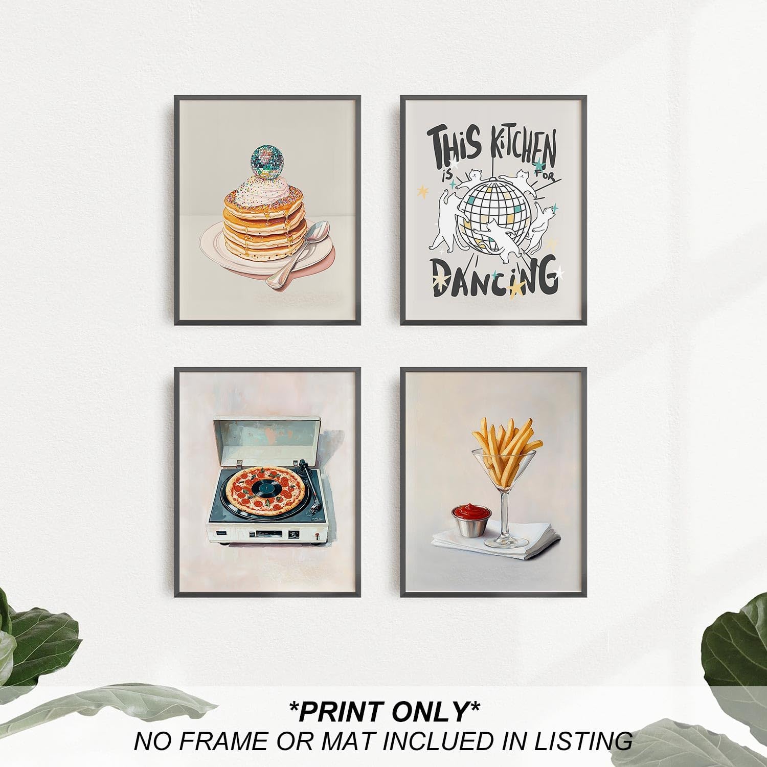 heilkee Vintage Kitchen Wall Art Music Decor Funny Food Paintings Disco Ball Pictures Pancakes Martini Prints Set of 4(UNFRAMED 8x10in) - Image 3