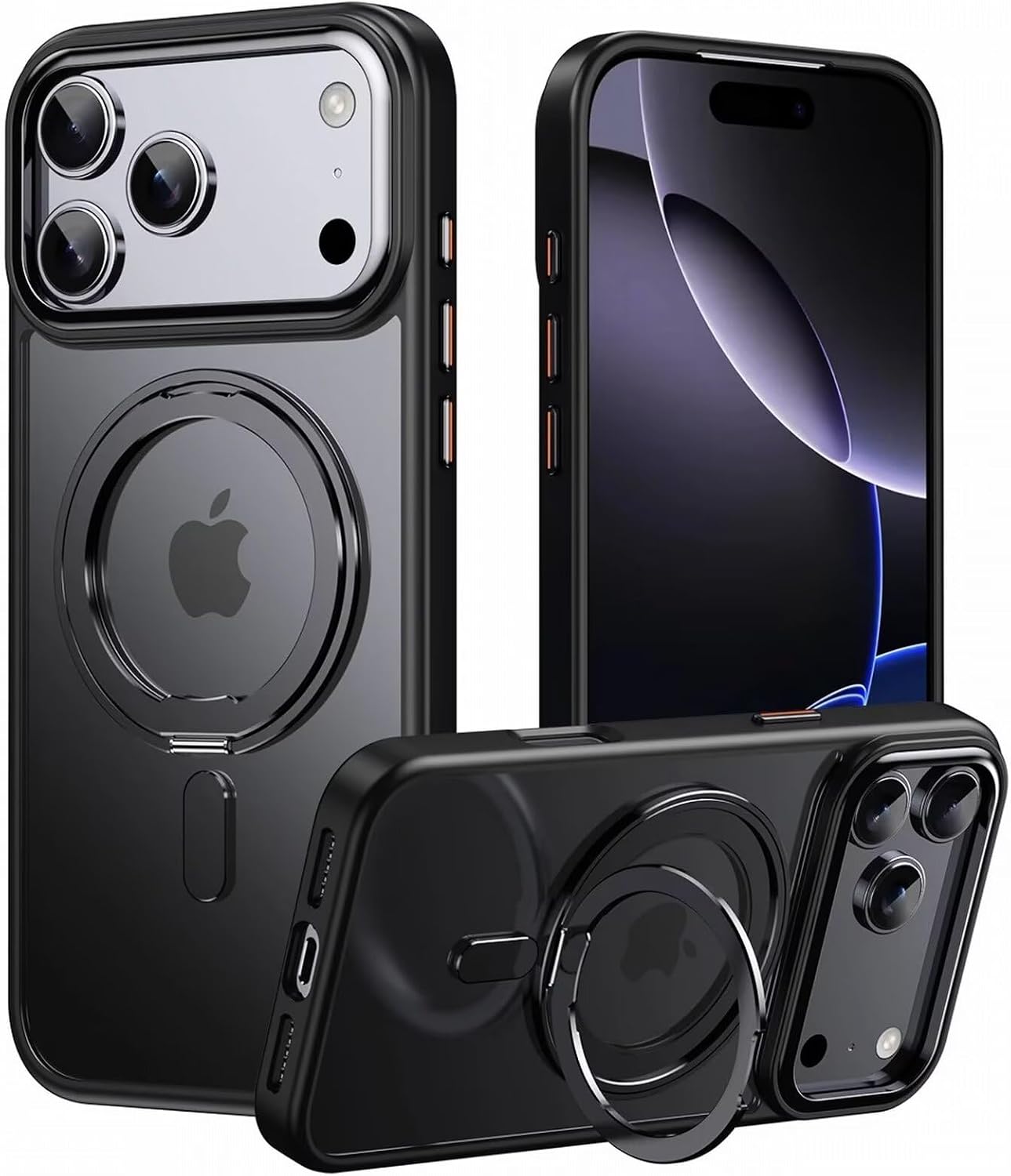 for iPhone 17 Pro Case with Kickstand, Magnetic Compatible Wireless Charging, Shockproof Scratch-Resistant Protective Cover Black