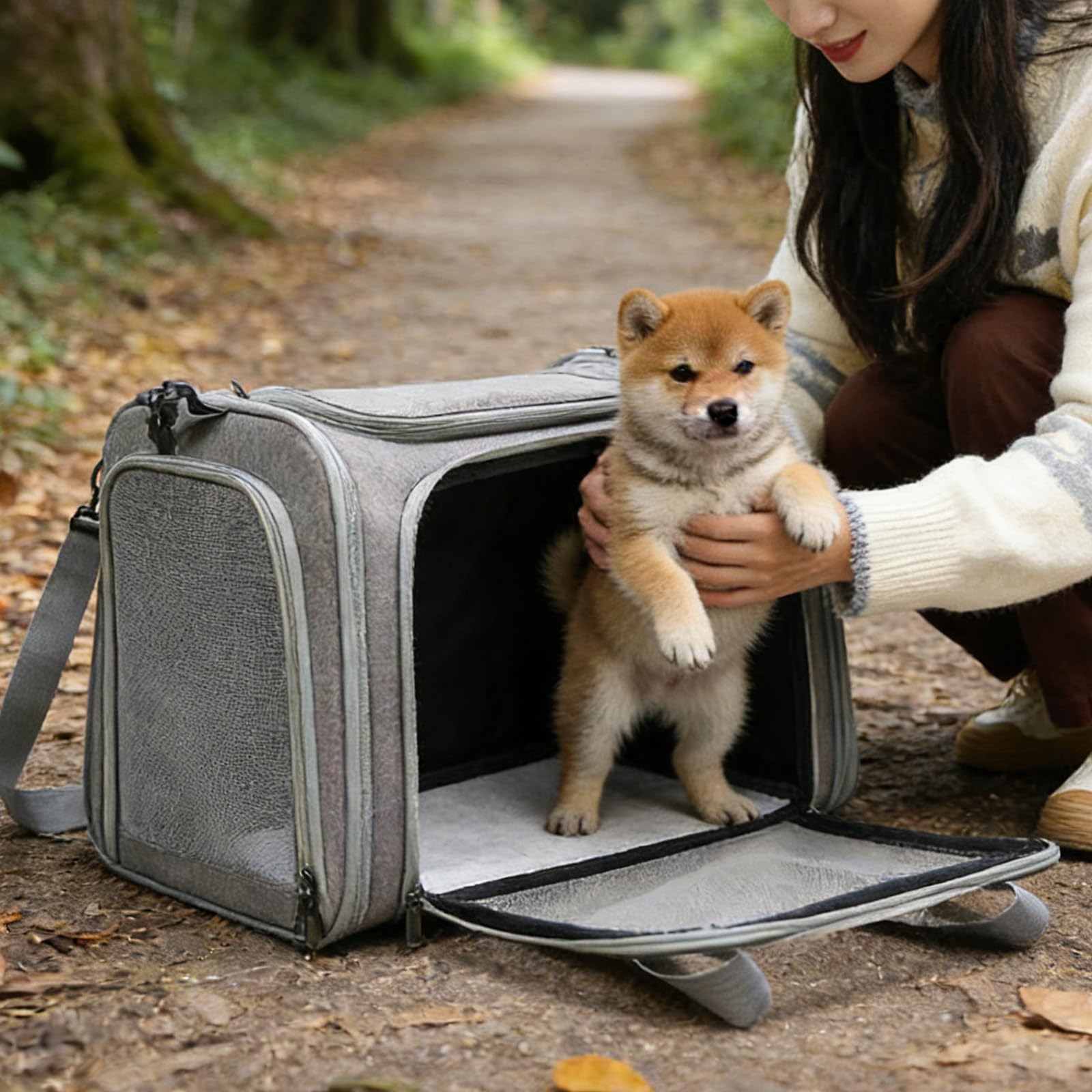 Sac Transport Chat Chien, 45 x 30 x 30 cm Sac de Transport pour Chat, Sac de Transport pour Animal, Sac de Transport pour Chats Pliable pour Chiens et Chats avec Bandoulière Réglable Gris, L
