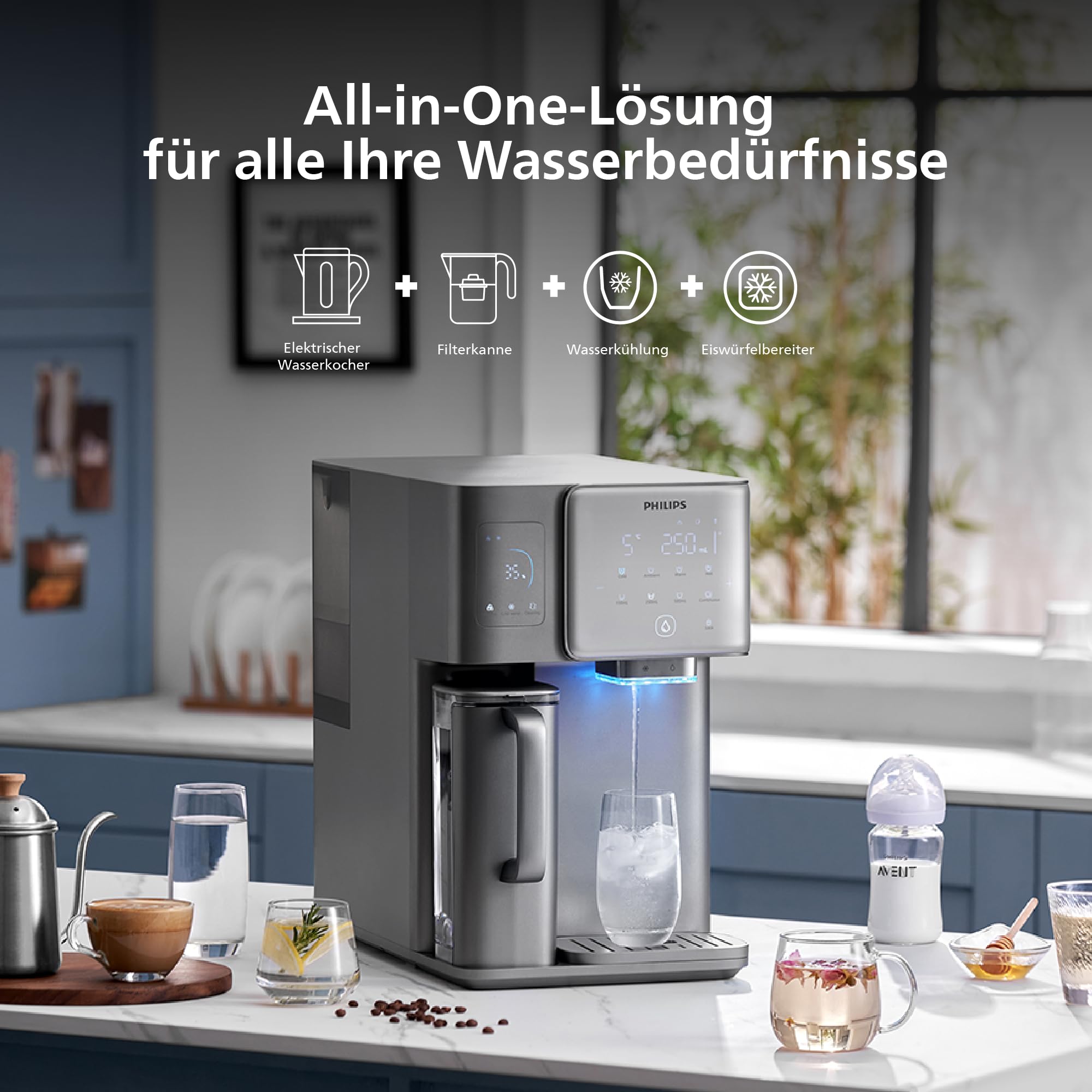 Philips Water 9000 Umkehrosmose-Wasserspender: heißes & gekühltes Wasser in Sekunden, Eiswürfelfunktion, 6-in-1-RO-Filter mit Mineralien, >110 Schadstoffe reduziert, 3:1 Rein-/Abwasser, UV-C, 2000 L