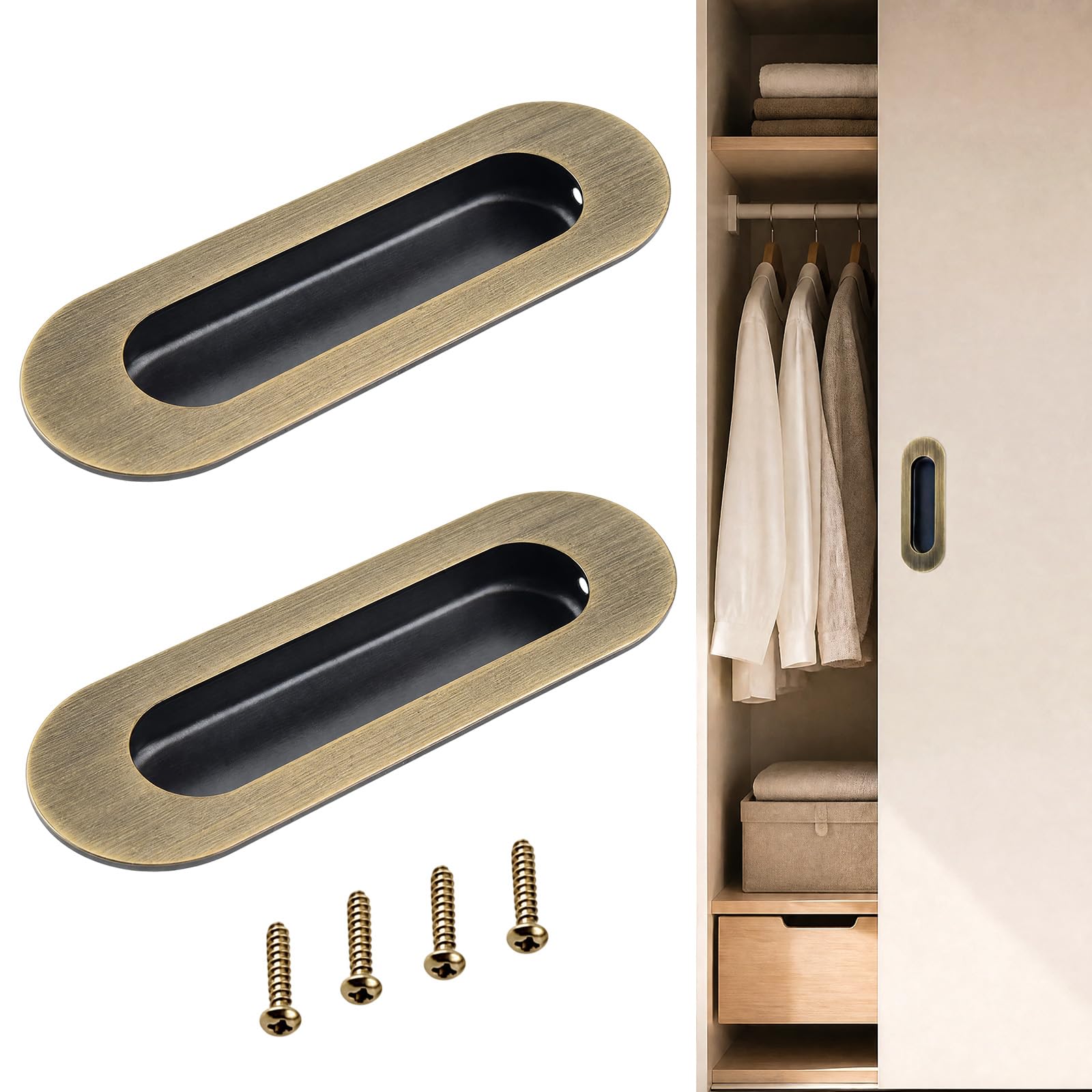EZOOU 2 Pcs Stainless Steel Sliding Door Handles – 120x40mm Oval Recessed Finger Pull Handles with Hidden Screws – Flush Cabinet Drawer Wardrobe Cupboard Pulls