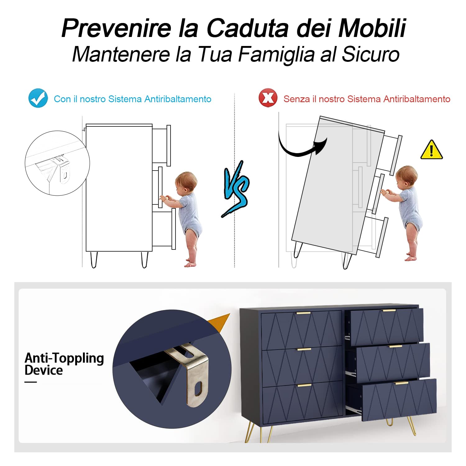 UEV Cassettiera 6 Cassetti, Comò in Legno ingegnerizzato, Mobile Cassettiera Salvaspazio per Camera da Letto, Soggiorno, 100 x 34 x 73cm, Blu
