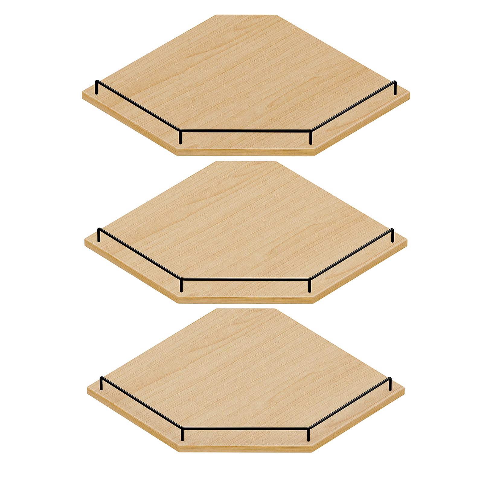 JJL Corner Shelf Wall Mounted, 12 Inches 3-Tier Floating Corner Shelf, Hexagon Rustic Wood Decor with Fence, Natural Wood Grain Storage for Apartment Bedroom Kitchen Bathroom