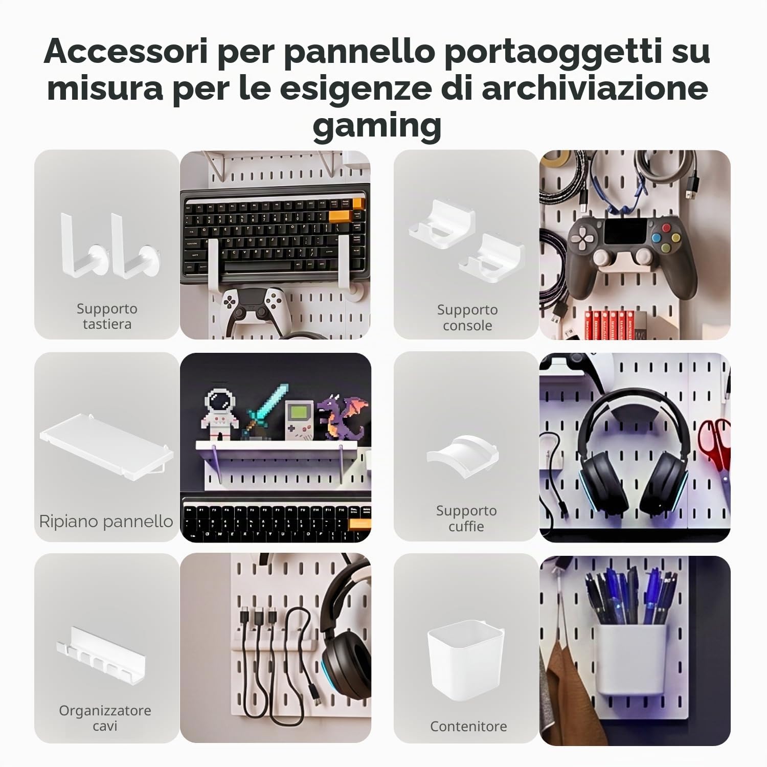 Keepo Kit combinato per pannello forato, organizer modulare da appendere, accessori per configurazione di gioco, supporto per controller e cuffie (bianco)