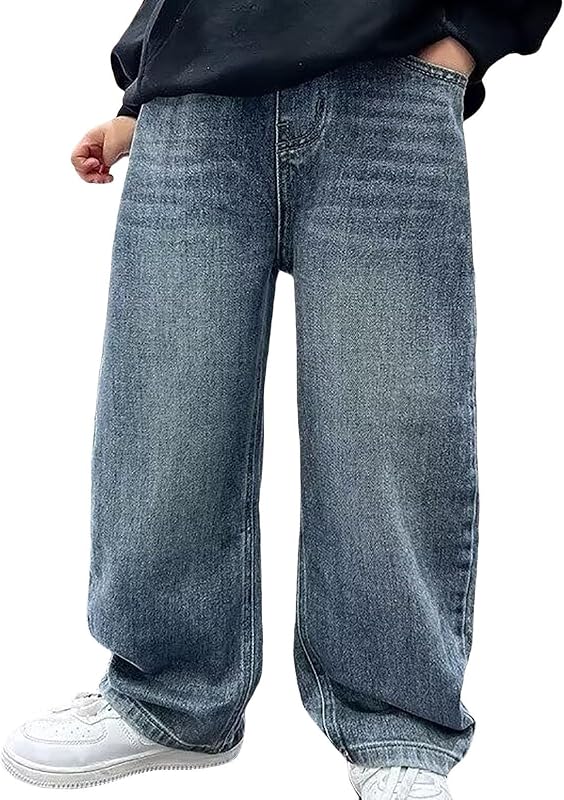 Pantalones jeans para niños, holgados, con pierna recta, cintura elástica, pantalones de mezclilla sueltos con bolsillos