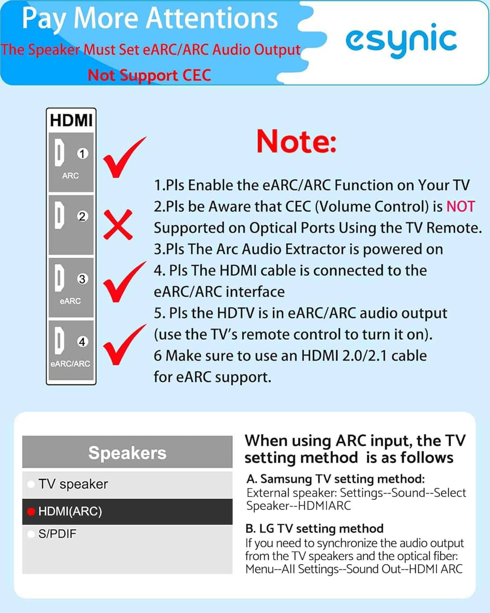 eSynic HDMI eARC/ARC a Óptico Cable 2,1 m Cable Extractor de Audio Todo en Uno, Compatible con 192 kHz/24 Bit, DTS 5.1 y Dolby Digital, Plug & Play para TV a Barra de Sonido, Cine en Casa y Auriculare