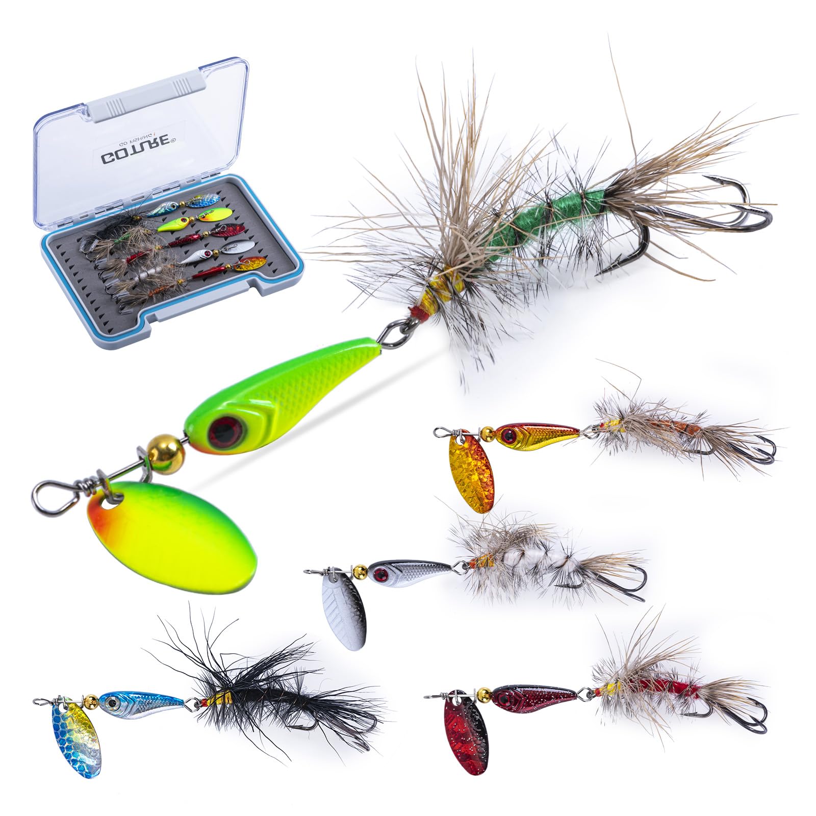 Goture Trout Lures Fishing Spinners,Rooster Bait Tail Bass Fishing Lures with Brass Spinner Blade Fish-Shaped Jig Heads for Freshwater Saltwater,Salmon Steelhead Trout Spinner Bait with Tackle Box