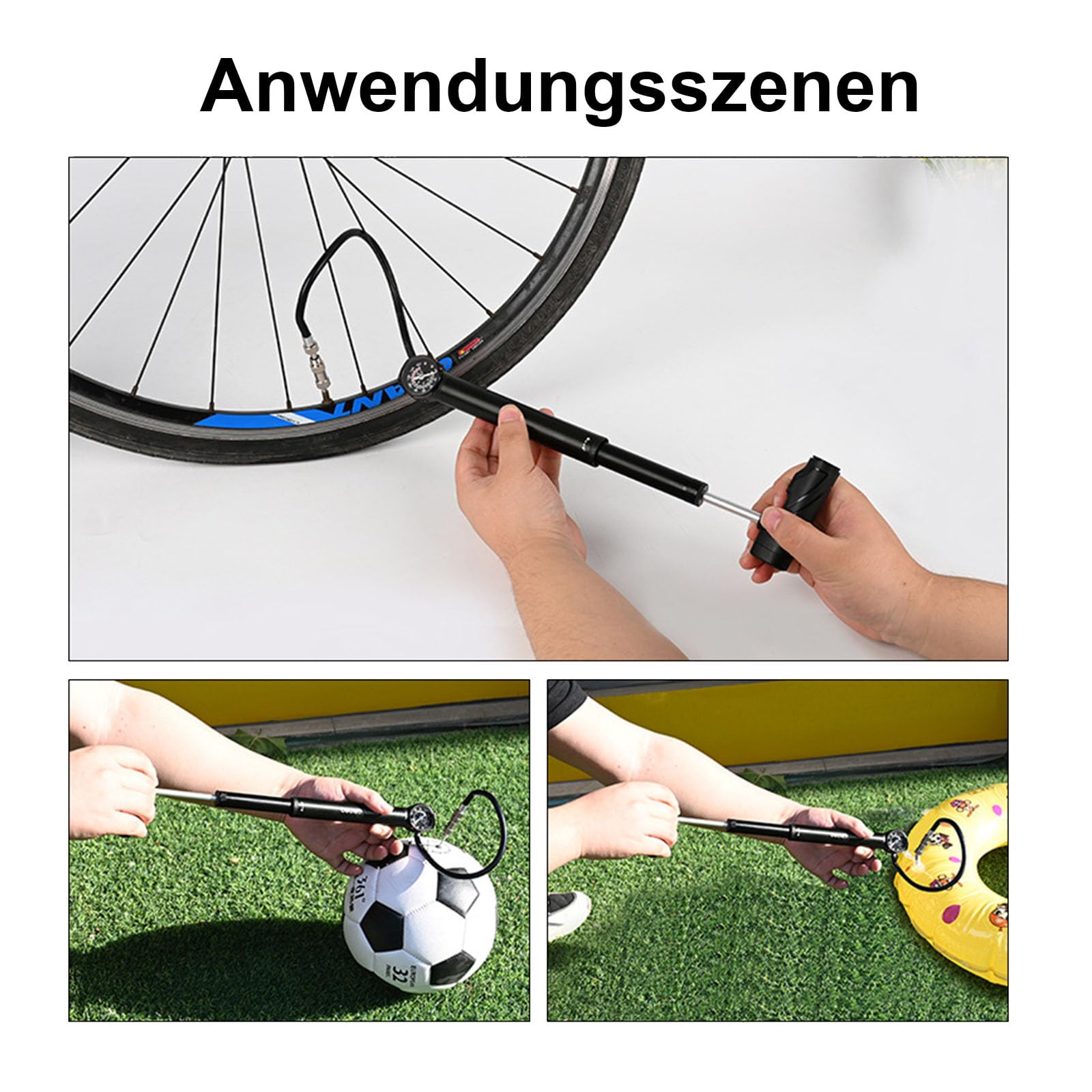 Pompa rowerowa z manometrem i przedłużonym wężem – wysokociśnieniowa mini pompka powietrza do wentyli Schrader/Presta – z igłą, adapterami i torbą do przenoszenia – kompatybilna z rowerami
