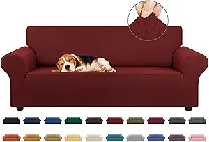 KEKUOU Stretch Sofa Cover Slipcover ,Couch Covers for 3 Cushion Couch Sofa pet Friendly (78"-94") Furniture Protector Sofa with Elastic Bottom for Kids,Dog, Jacquard Small Checked(Large,Dark Red)