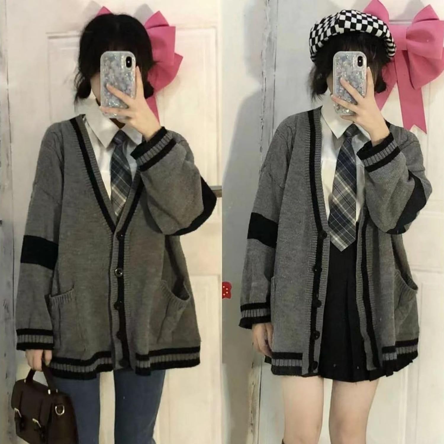 FindThy Women’s V-Neck Cardigan Sweater Preppy Vintage Oversized Long Sleeve Color Block Knit Jacket Coat