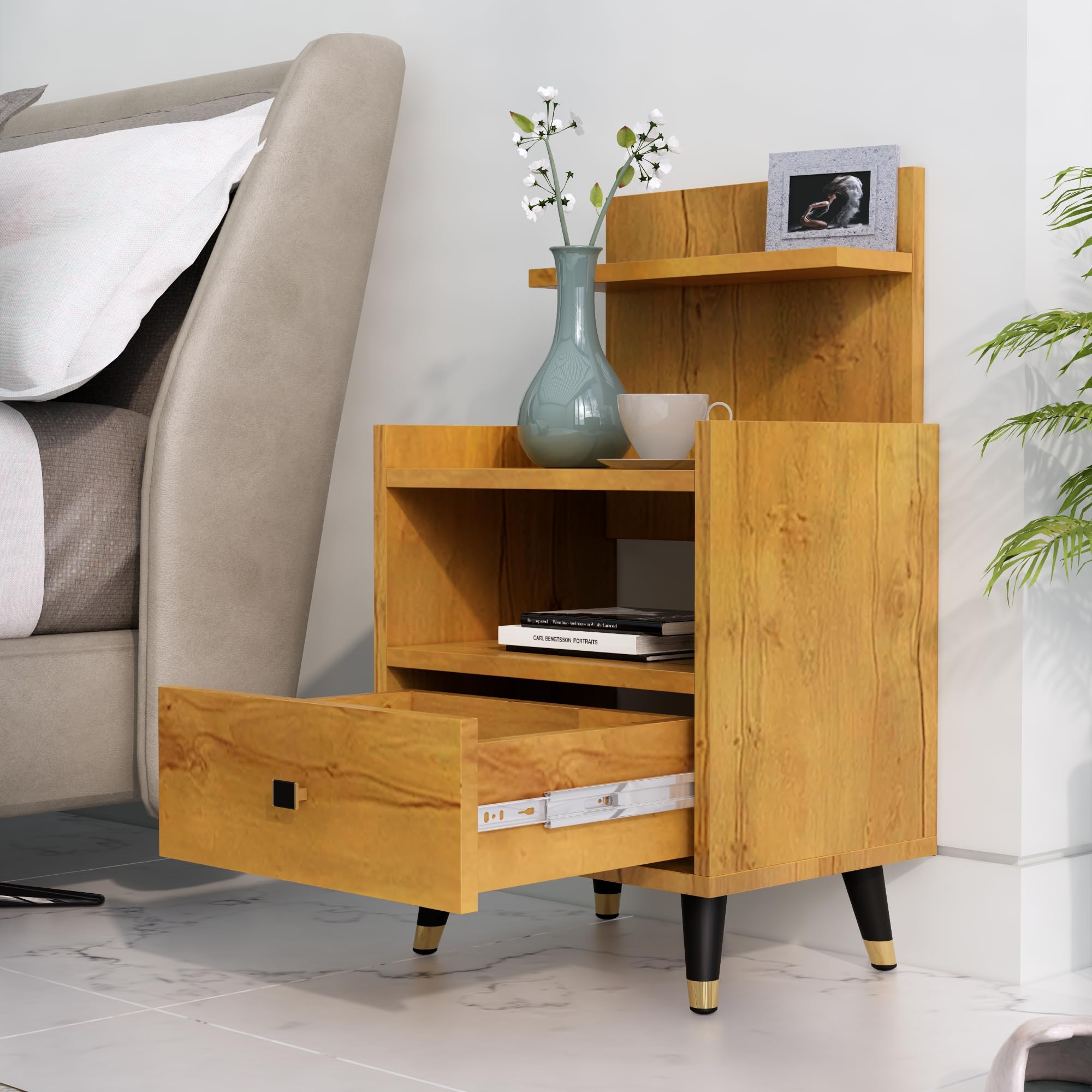 Hexa RedHexa Red Bed Side Table with 1-Drawer, Nightstand, Metal Legs, Bedside Table for Bedrooms, Drawer Storage Cabinet for Living Room Furniture (Giant Wood)-image-48