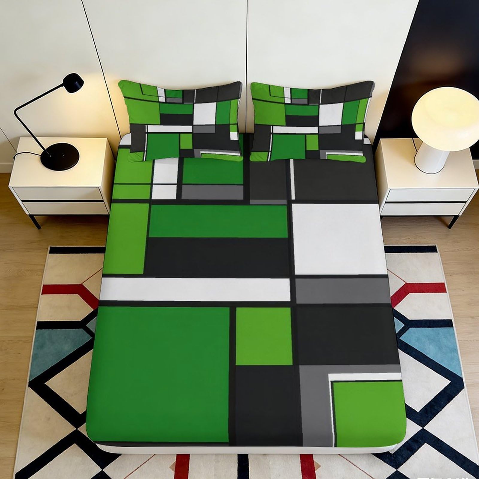 3D Printed Geometric Green Blocks Fitted Sheet Microfiber Soft Mattress Cover for Bedroom Dorm Decoration 90x200x25cm