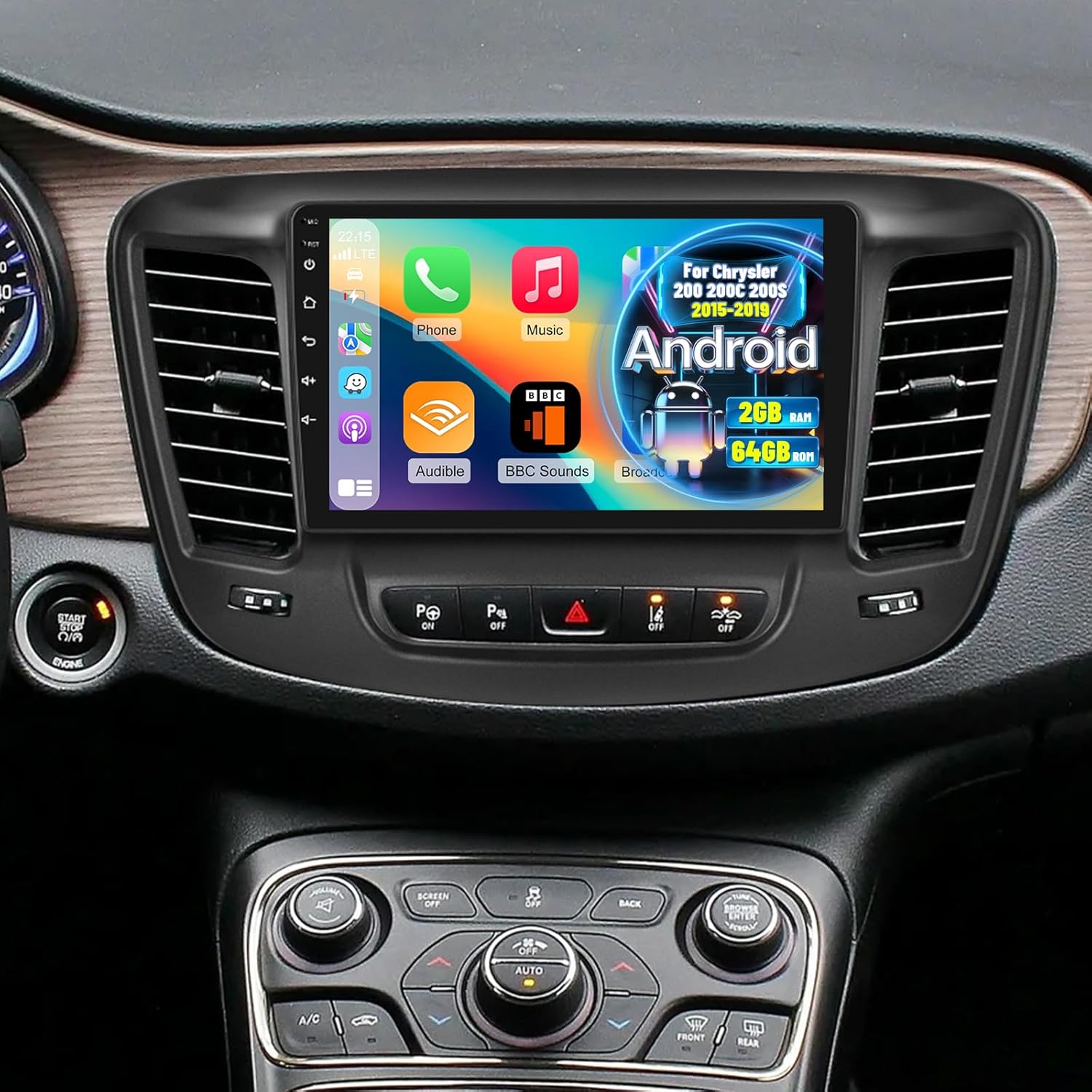 [2+64G] NHOPEEW Car Radio for Chrysler 200 200C 200S 2015-2019, 9 Inch Touchscreen Android Car Stereo with Wireless Carplay and Android Auto GPS, WiFi, DSP, SWC, Bluetooth, FM/RDS + AHD Backup Camera