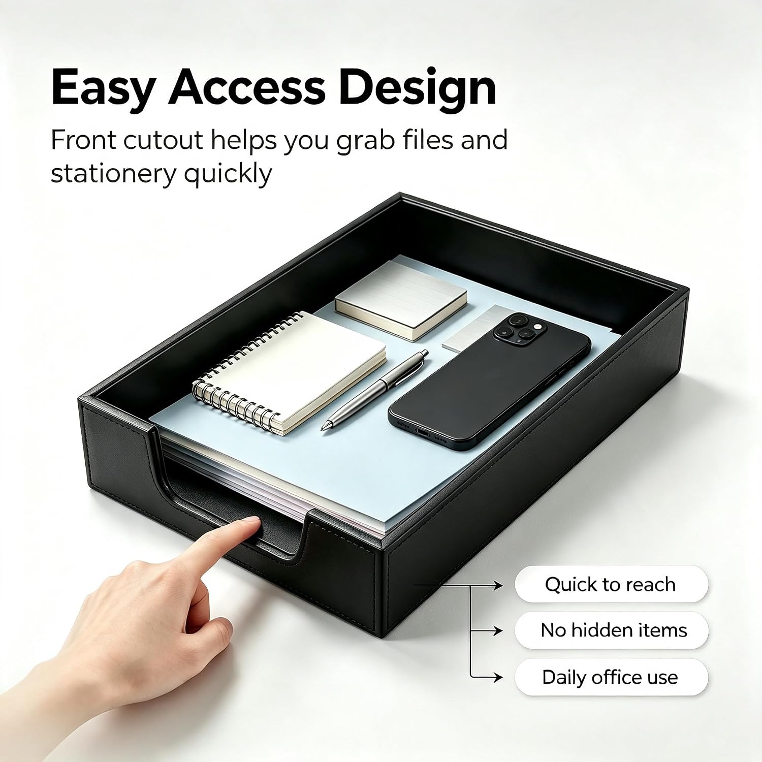 PU Leather Desk Organizer Tray, Office Desktop Storage Tray with Front Cutout, Decorative Leather Drawer Tray for Stationery Phone Cable Small Accessories,Desk Catchall Tray for Home Office Workspace
