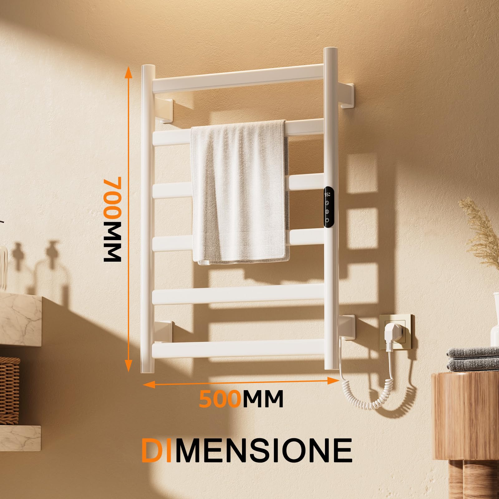 Scaldasalviette Elettrico Bagno, 700 x 500mm 175W Termoarredo Elettrico Bagno con LED Touch Screen, 0-9h Timer e 30-70℃ Temperatura, IPX4 Termoarredo Elettrico da Parete, Bianco