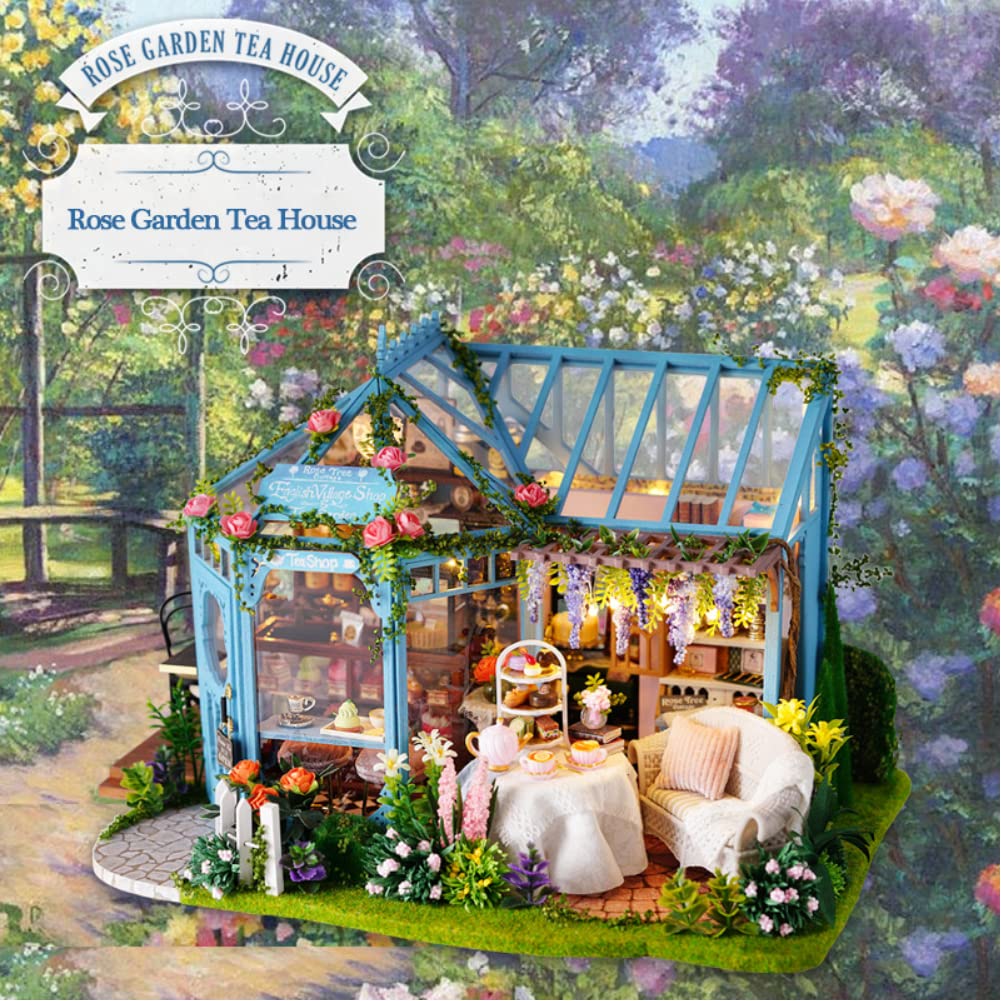 Maison de poupée miniature en bois à monter soi-même - Mini serre avec LED - Cadeau d'anniversaire pour garçons et filles (maison de thé)
