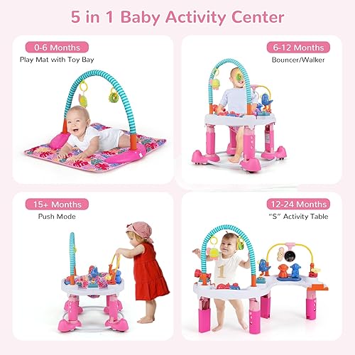 Miniatura 5 de INFANS Baby Bouncer Centro de actividades, 5 en 1, platillo de actividad de rebote para niños pequeños, mesa de actividades con asiento giratorio de