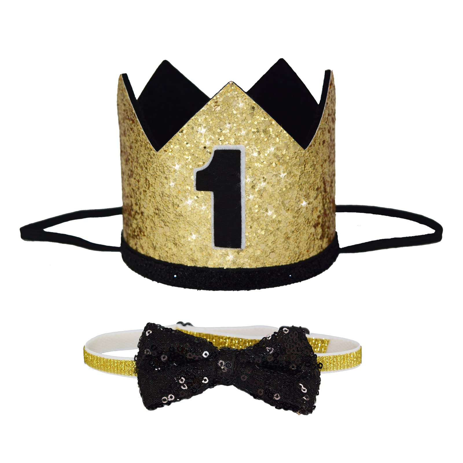 Maticr Mr Wonderful First Bday Crown & Bow Tie Set Baby Boys 1st Smash Cake Hats (Gold & Black 1)