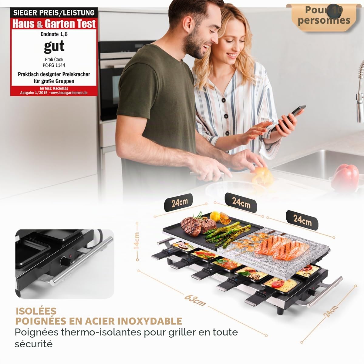 ProfiCook® 2 en 1 Raclette-Grill | 10 personnes | Plaque en pierre et plaque de grill | Revêtement antiadhésif | Thermostat réglable en continu | 1700 watts | Acier inoxydable | PC-RG 1144