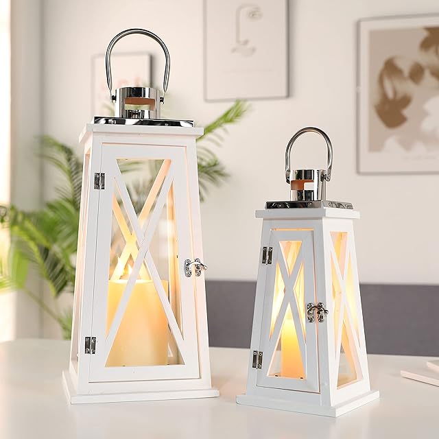 TRIROCKS Set of 2 Farmhouse Wooden Lanterns 55cm & 40cm Tall Metal Decorative Candle Holders with Tempered Glass Rustic Hanging Lantern for Patio Garden Wedding Parties Indoor Outdoor(Trapezoid)