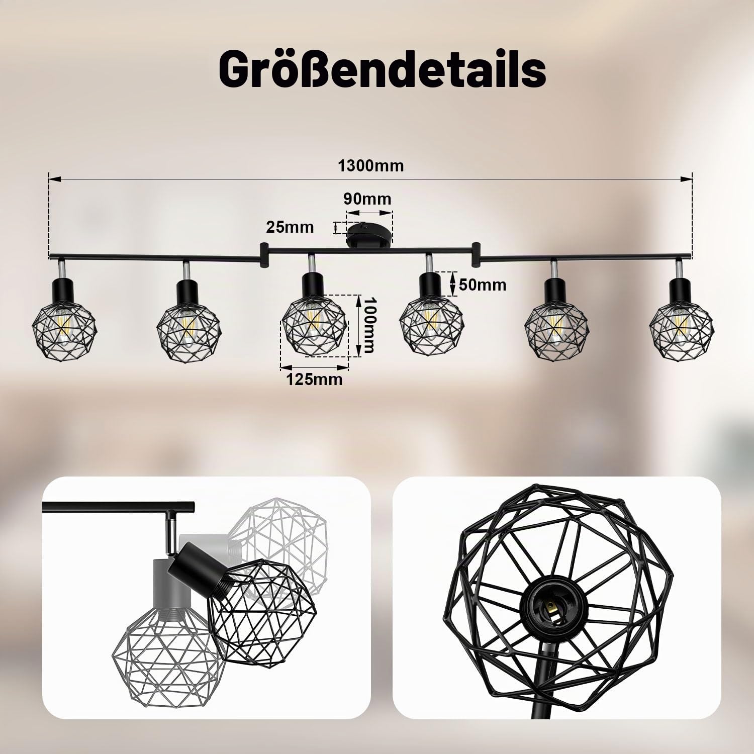 Deckenstrahler 6 Flammig, 350°-Drehung, Deckenspots E14 Fassung, Deckenlampe LED Deckenleuchte, Spotleuchte Wand, Wandstrahler für Küche, Wohnzimmer, Schlafzimmer, Schwarz (Ohne Leuchtmittel)
