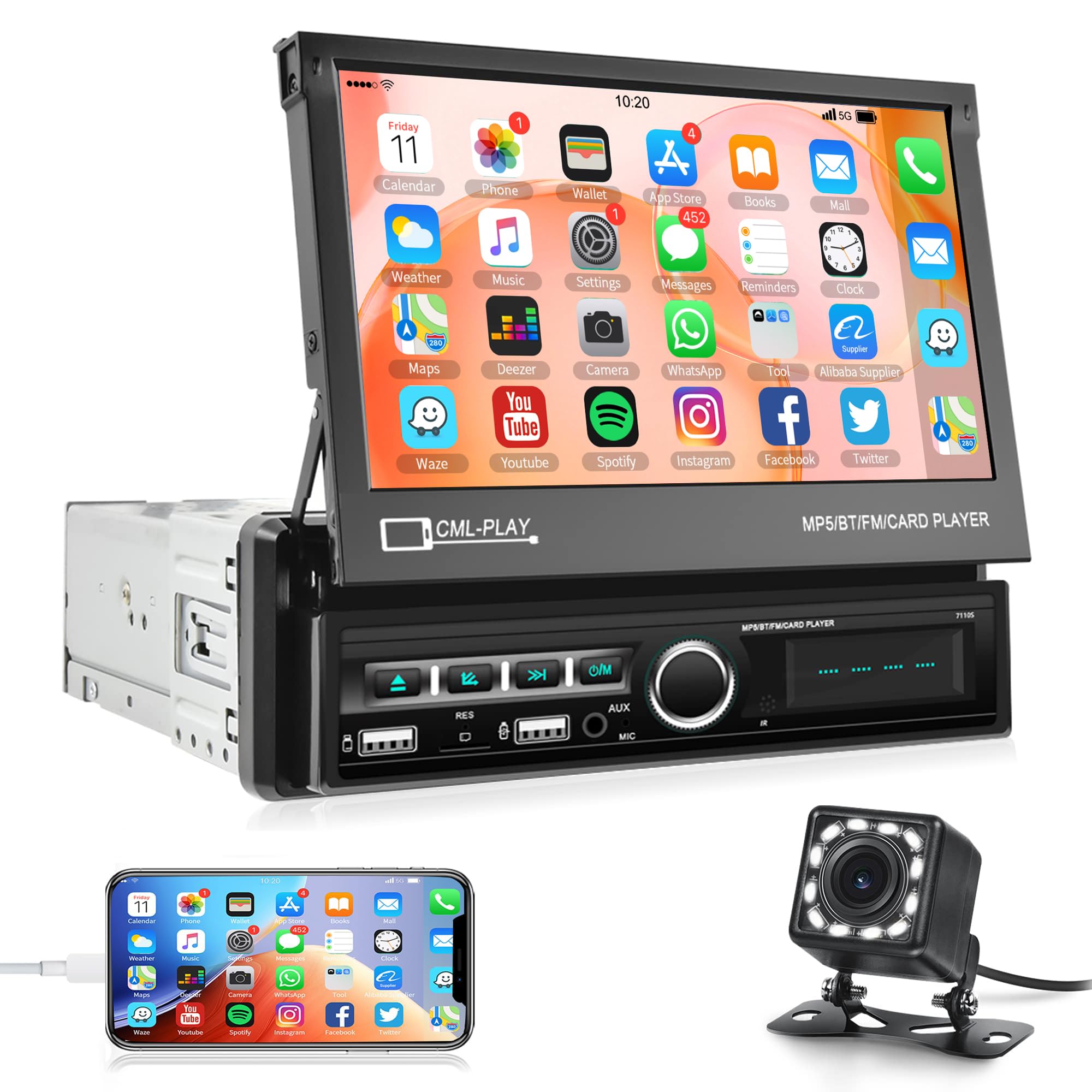 Single Din Touchscreen Car Radio, Rimoody 7'' Electric Flip Out Touch Screen Car Stereo with Bluetooth Mirror Link FM Radio with TF/USB/AUX + Rear View Camera