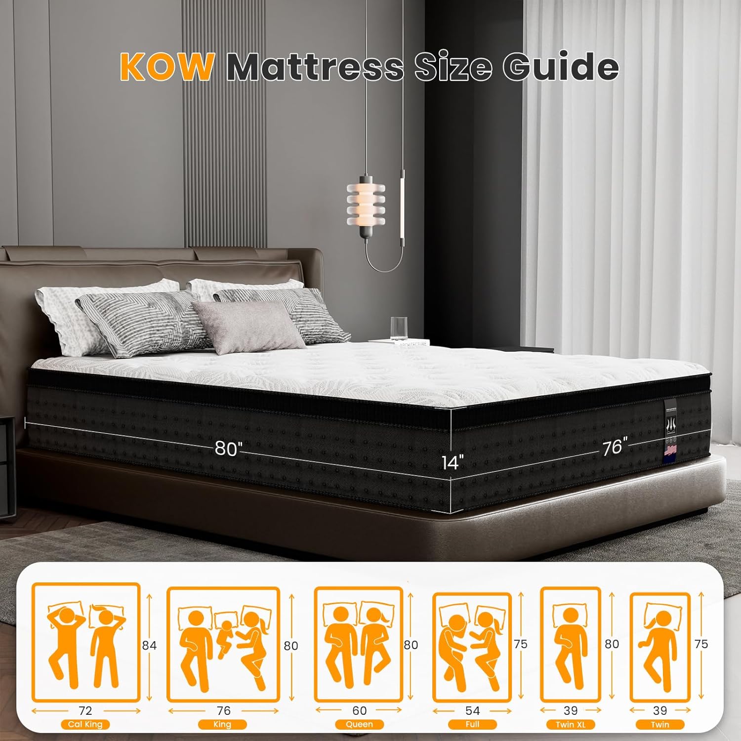 KOW 14 Inch King Size Mattress in a Box, Medium Firm Mattresses with Gel Memory Foam and Pocket Springs, Motion Isolation Supportive Hybrid Design Bed Mattress (14 in, King)