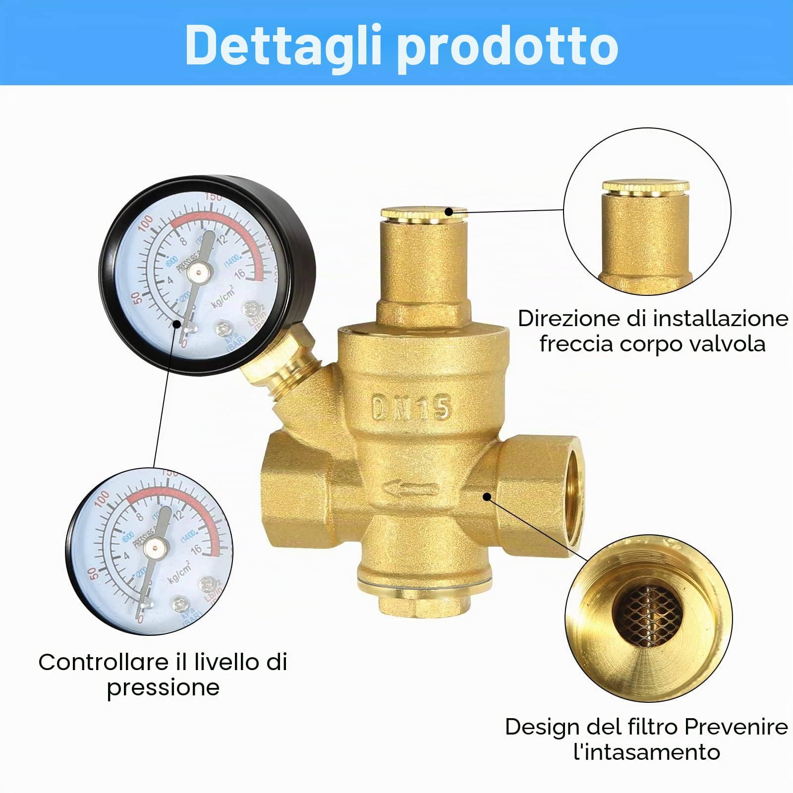 Regolatore di Pressione Acqua 1/2 pollice DN15 con Manometro Pressione Acqua 100% in Ottone ad Alta Durezza, Riduttore Pressione Acqua Valvola di Riduzione Della Riduttore di Pressione Acqua 1/2