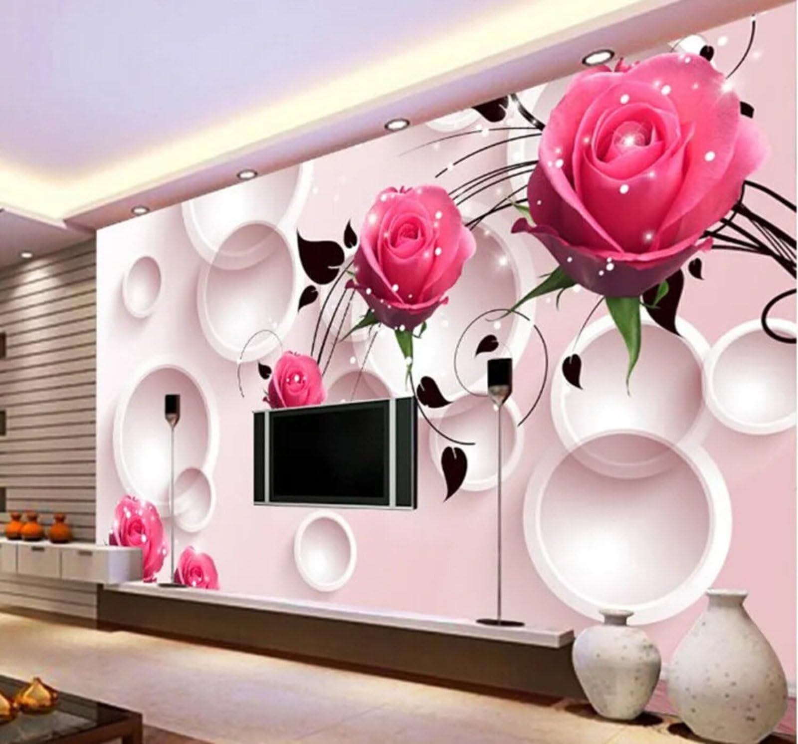 Wallpaper-3D-Xlm 250Cm×170Cm(B×H) Geometric Circular Pink Rose Decoration 3D Wallpaper Easy Install Feature Office Living Room Sofa Bedroom Tv Background Wall Decoration-250Cm×170Cm