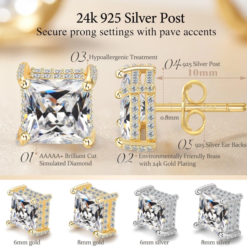 Hypoallergenic Cubic Zirconia Stud Earrings for Women & Men 24K Gold Plated Sterling Silver Post, Big Brilliant CZ Simulated Diamond Halo Studs Sensitive Ear Friendly Fashion Jewelry Gift (SE-3003) - Image 2