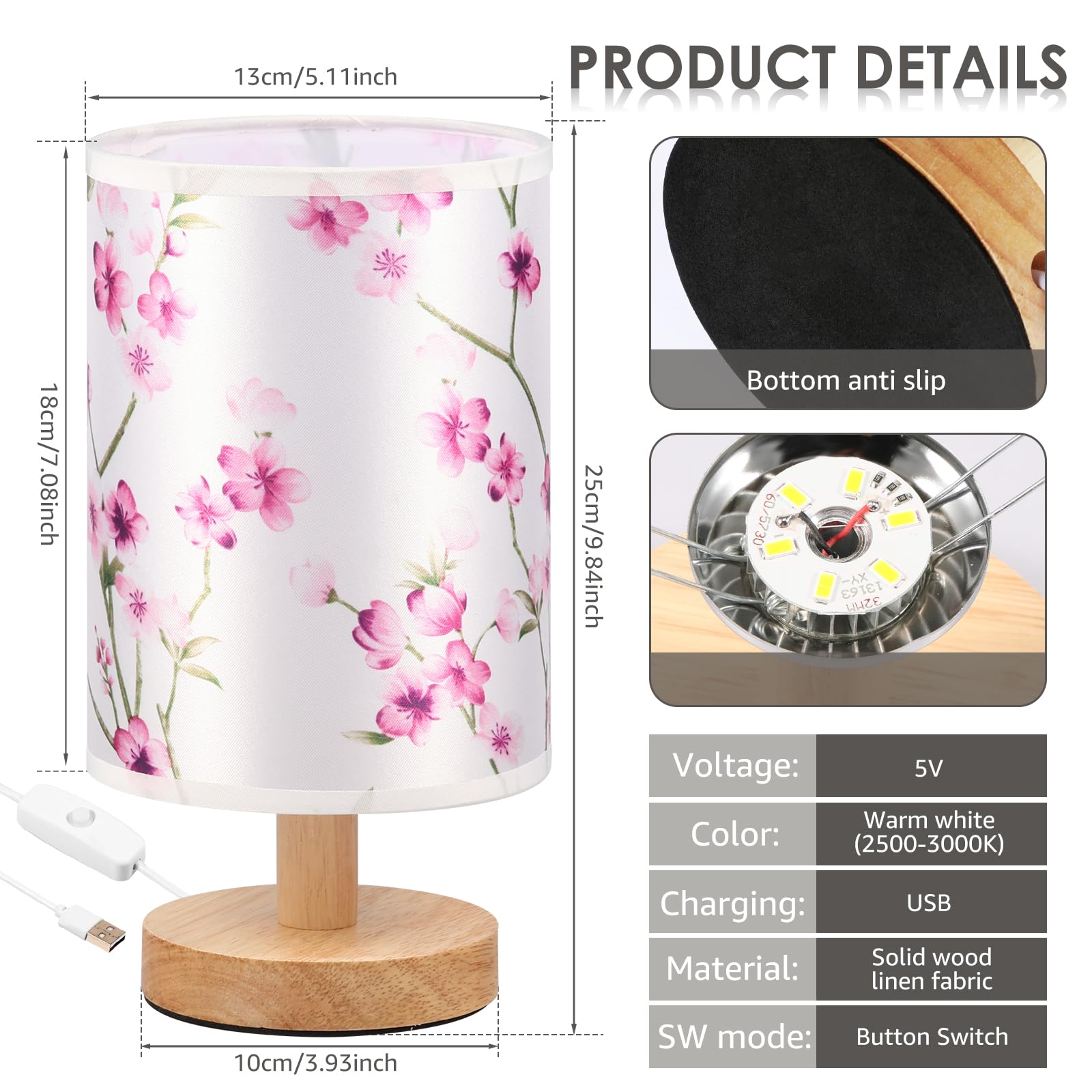 NIHUIFDPY Bedside Lamp, Small Table Lamp with Fabric Linen Shade and Wooden Base - Image 3