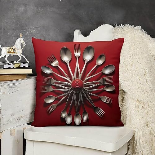 Funda de cojín de 22 x 22 pulgadas, con diseño cuadrado rojo, suave, doble cara, con estampado de cucharas y tenedores, cojines decorativos para Funda de cojín de 22 x 22 pulgadas, con diseño cuadrado rojo, suave, doble cara, con estampado de cucharas y tenedores, cojines decorativos para