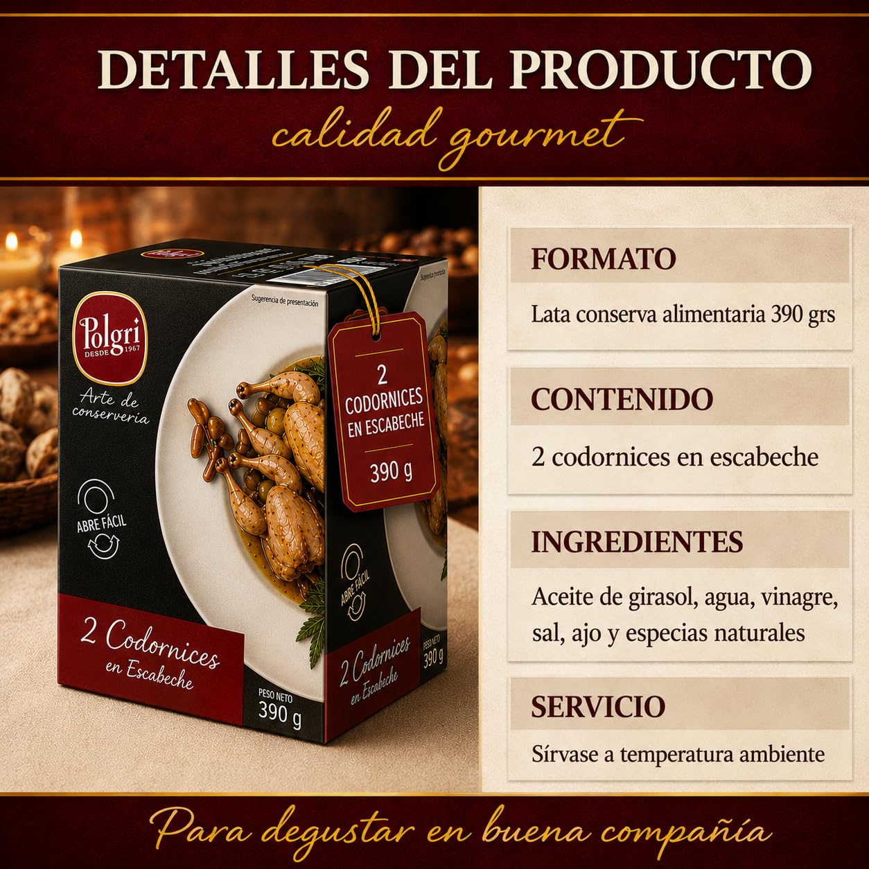POLGRI Codornices en Escabeche 3 latas 390 gr Conserva Gourmet Carne de Caza Aperitivo Premium