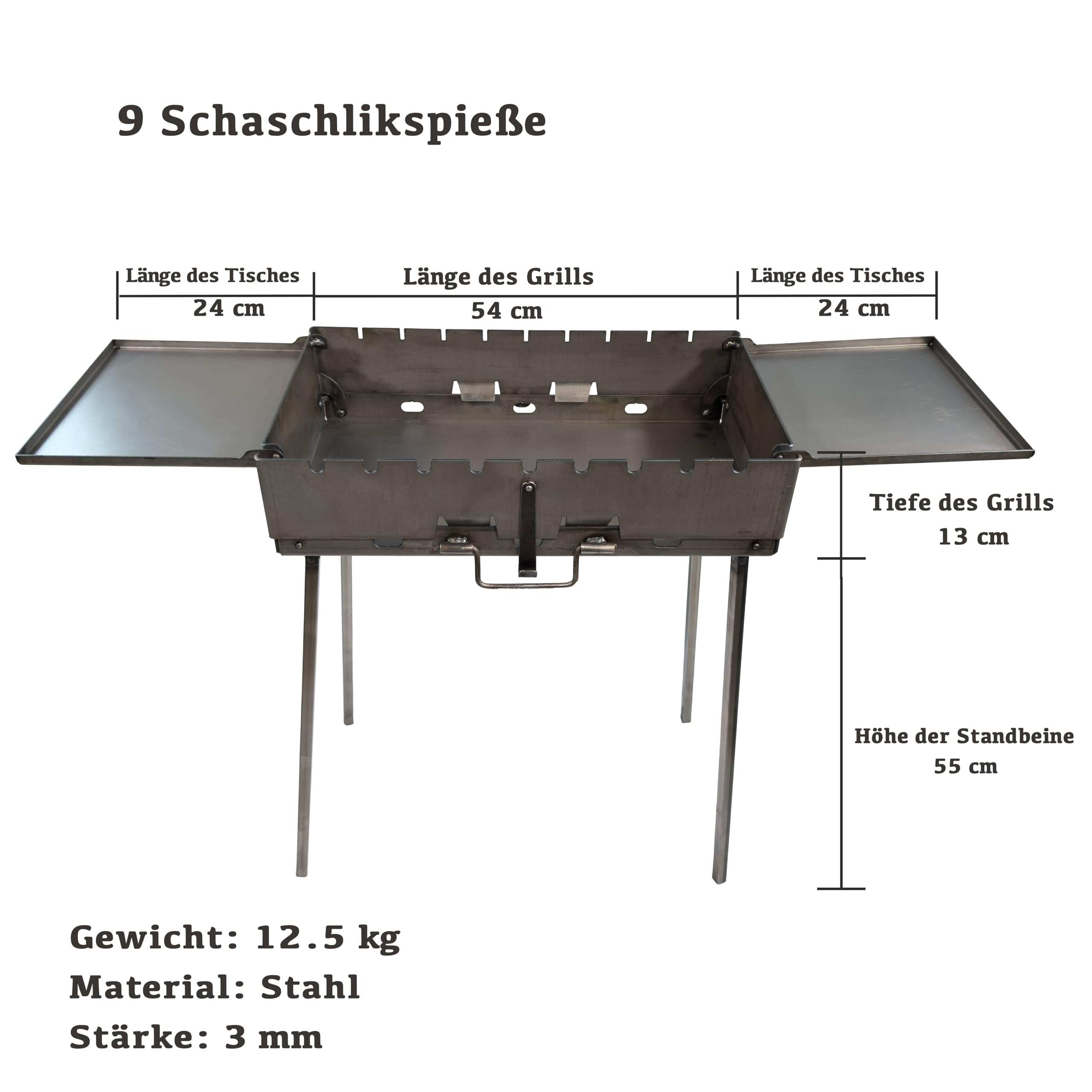 Barbecue portable Transformer avec 2 tables pliantes - Barbecue au charbon de bois pliable pour 9 brochettes - En acier de 3 mm - Pliable comme valise avec poignée - Idéal pour le jardin, le