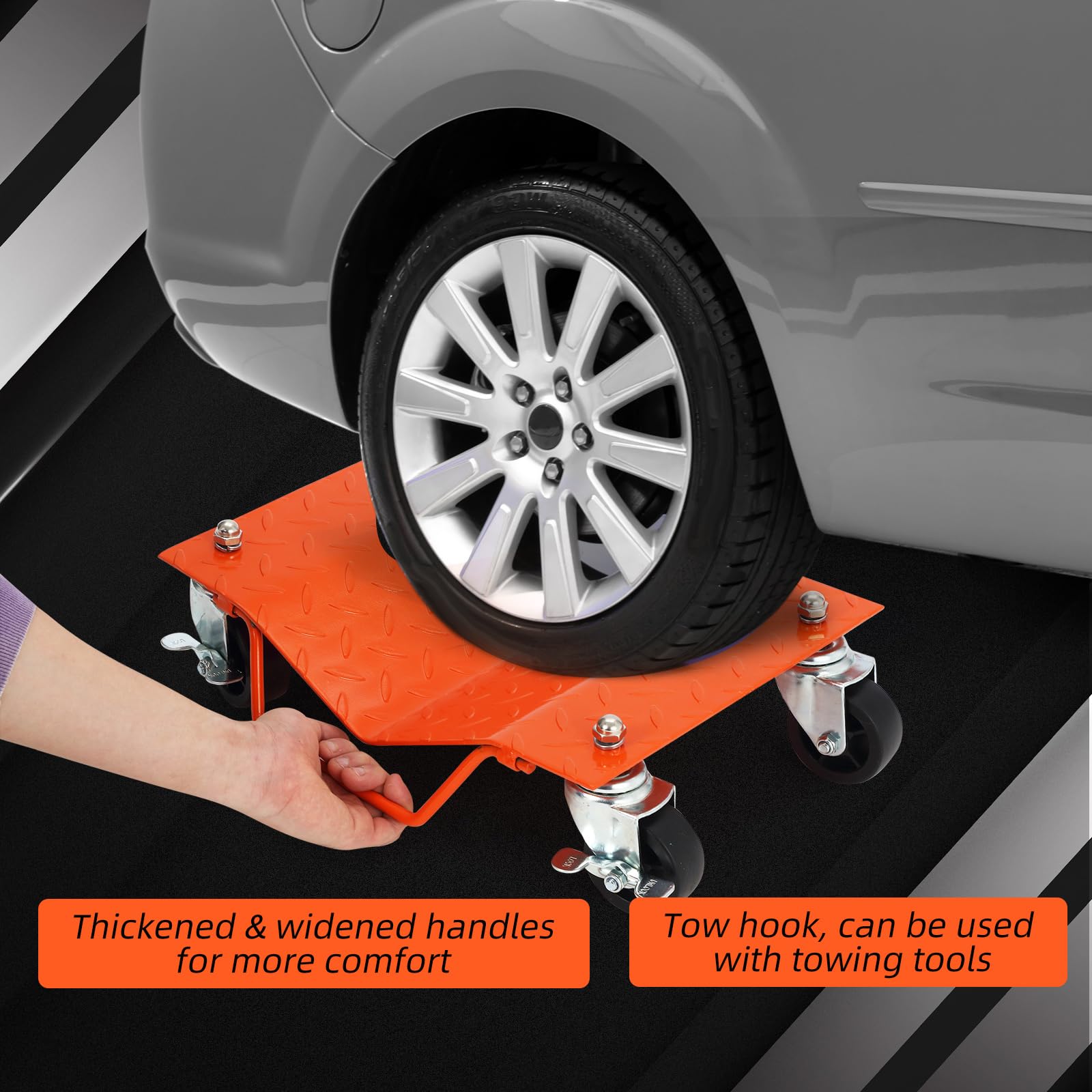 Garvee Carros Rodantes de Acero para Ruedas de Coche - Capacidad Total 1360 kg (3000 lbs), Ruedas Giratorias 360° con Freno, Plataforma Antideslizante para Garaje y Taller, Pack de 2 Unidades Naranja