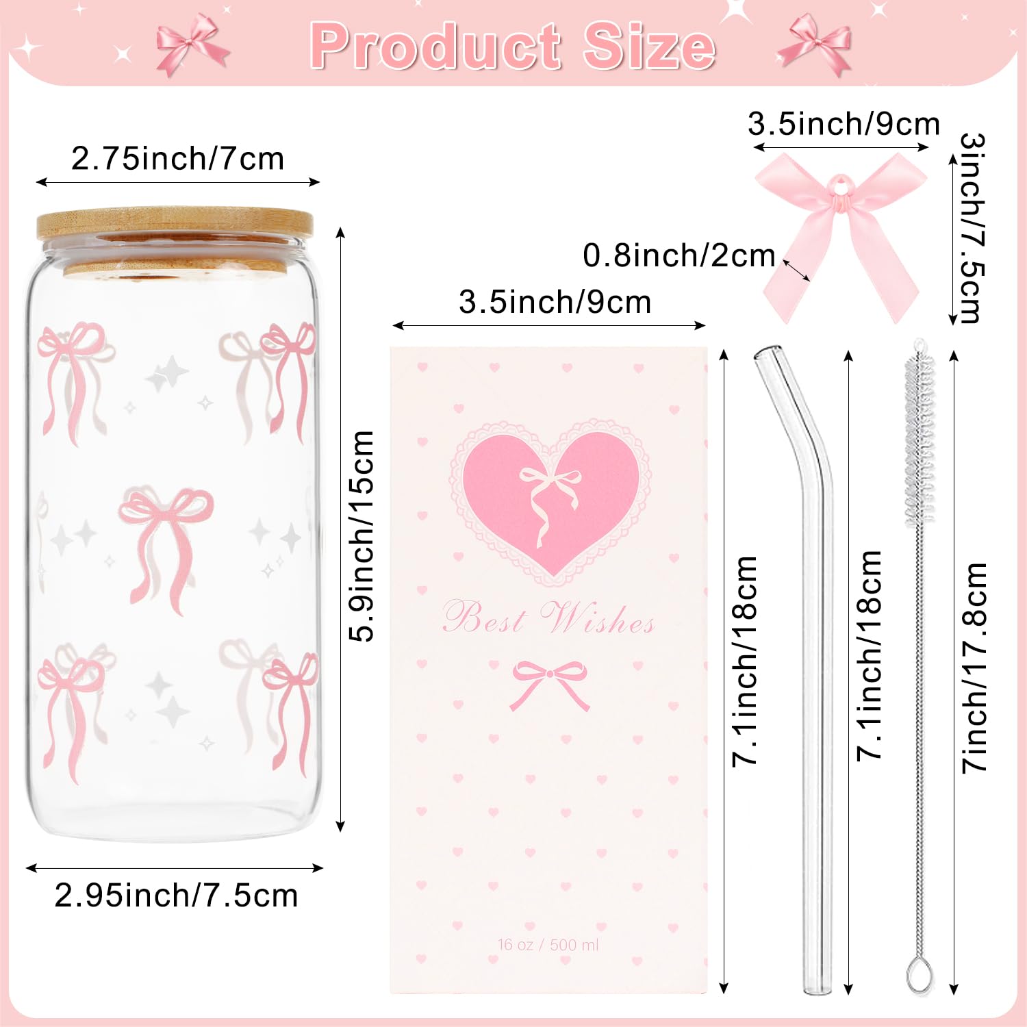 Coquette Bow Aesthetic Cup With Gift Box 16oz Glass Cup with Lids Straws and Black Bow Iced Coffee Smoothie Cute Tumbler with Cleaning Brush for Girls Bestfriend Sister Girlfriend, Preppy Stuff