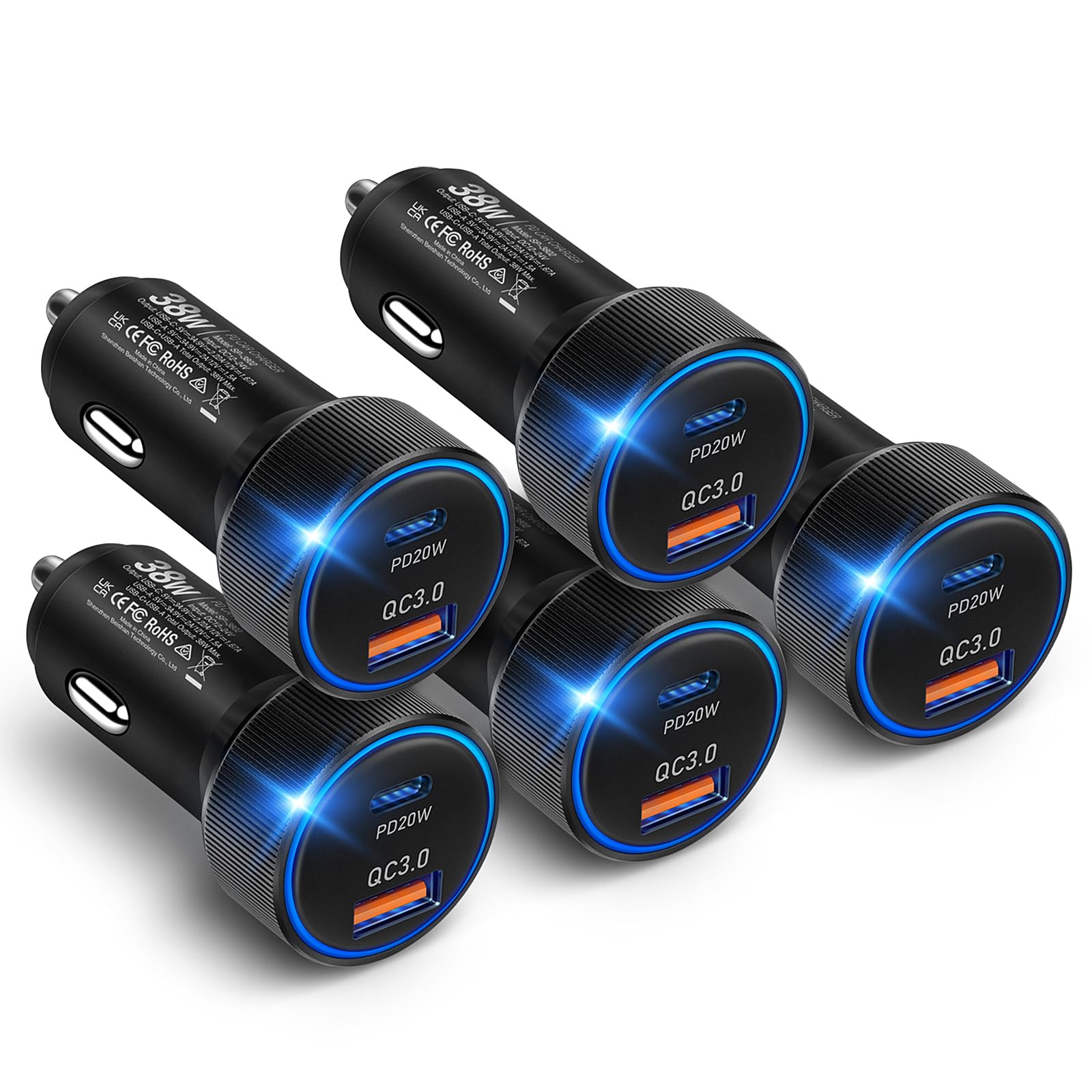 Confezione da 5 caricabatterie da auto USB C, adattatore per accendisigari a ricarica rapida da 38 W, multi porta Boxeroo PD/QC 3.0 Cargador para Carro, adattatore per presa auto per iPhone 16, iPad
