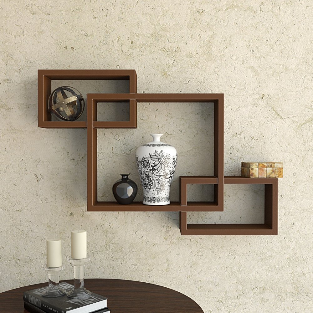 Étagère murale flottante croisée en bois brun DecorNation, lot de 3 pour rangement salon