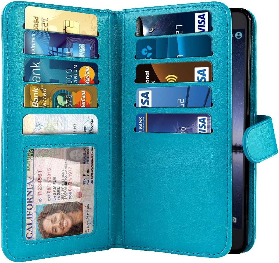 NEXTKIN Case Compatible with ZTE Zmax Pro Carry Z981, Leather Dual Wallet Folio TPU Cover, 2 Large Pockets Double Flap, Multi Card Slots Snap Button Strap for Zmax Pro Carry Z981 - New Teal