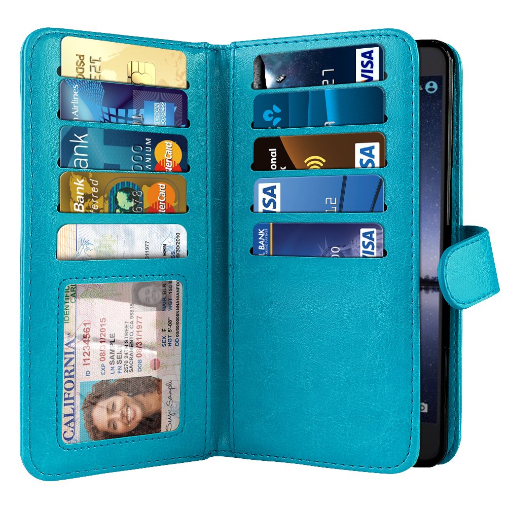 NEXTKIN Case Compatible with ZTE Zmax Pro Carry Z981, Leather Dual Wallet Folio TPU Cover, 2 Large Pockets Double Flap, Multi Card Slots Snap Button Strap for Zmax Pro Carry Z981 - New Teal