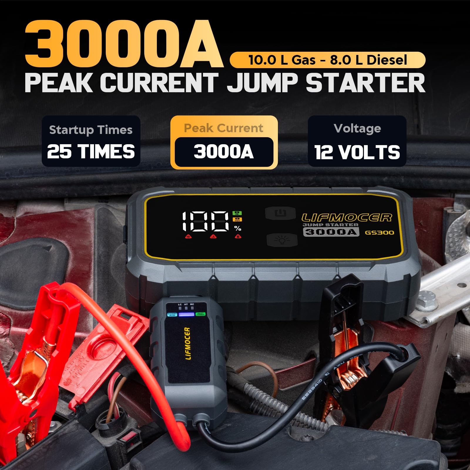 LIFMOCER GS300 Jump Starter - 3000A Car Battery Jump Starter for Up to 10.0L Gas and 8.0L Diesel Engines, 12V Portable Jump Box with Storage Case USB Quick Charge, and LCD Display