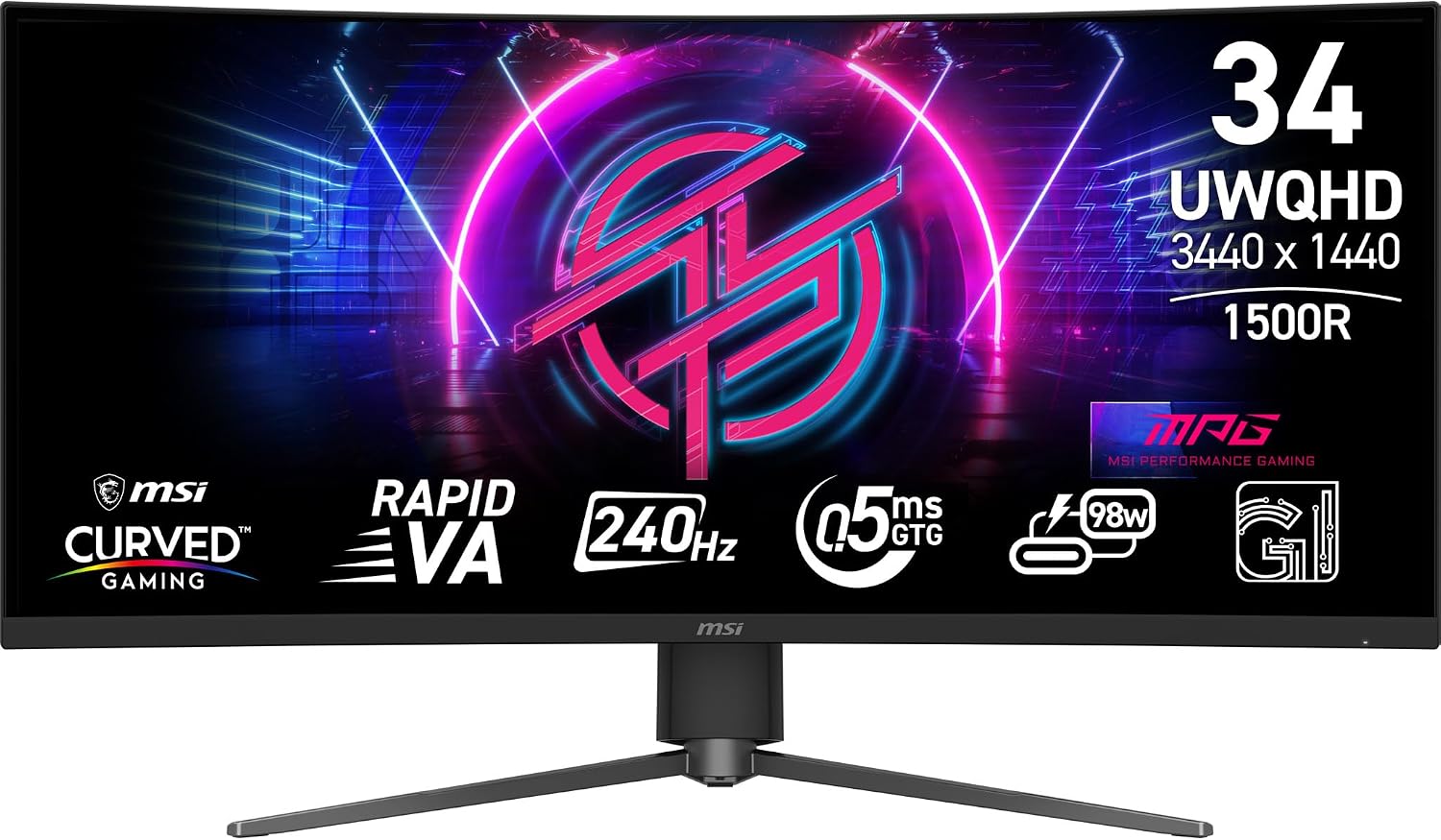 MSI MPG 346CQRXF X24 Monitor Gaming UWQHD 1500R de 34 Pulgadas 3440 x 1440 VA rápida, 240 Hz, 0,5 ms, DisplayHDR 400, KVM, sin Marco, inclinación, Altura Ajustable, Negro